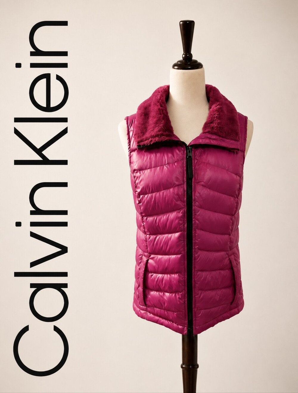 Calvin Klein. Magenta & Black Mixed-Media Down Puffer Vest. Plush Faux-Fur